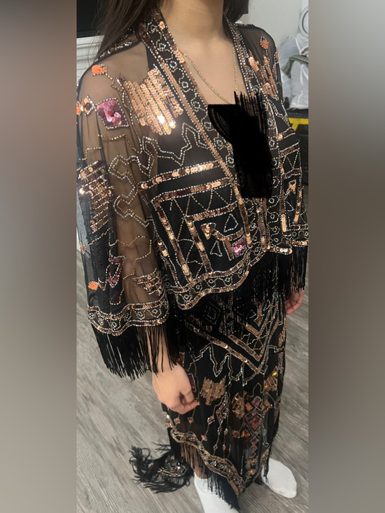 RARE Y2K ASOS design Black Sequin Fringe Maxi Dress with Pink & Rose Accents#A10 - Picture 14 of 16